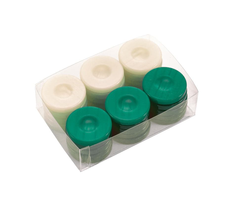 Deluxe Backgammon Stones Green & Ivory 36mm, 15 Green and 15 Ivory Mother of Pearl Resin Playing Counters in Plastic Box.