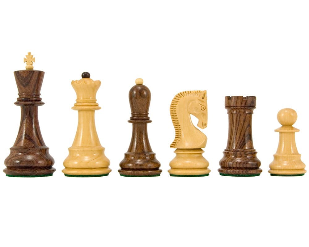 Solid Rosewood Antipodean Series Staunton Chessmen featuring a 4-inch king and uniquely designed contrasting pieces.