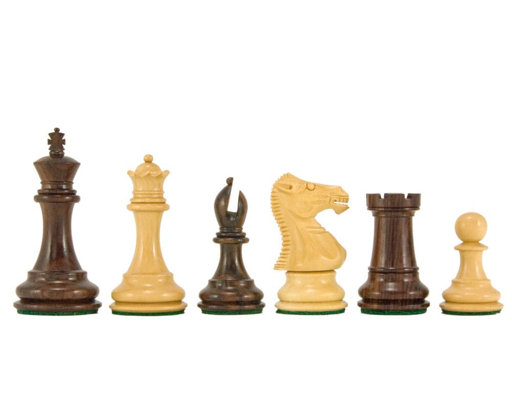 Windsor Series Rosewood Staunton Chess Pieces 3 inches with detailed carving and finish, crafted from rosewood, including a knight and bishop