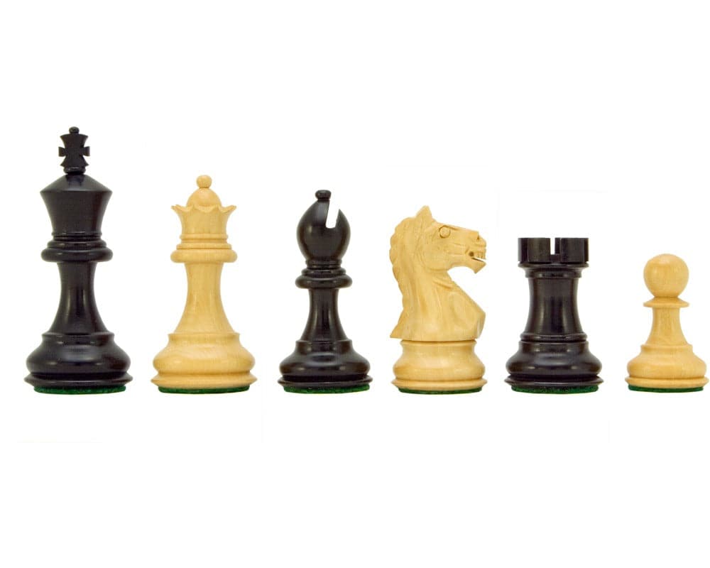 Handcrafted ebonised and natural Boxwood Staunton chess pieces 3 inches including billiard cloth bases.