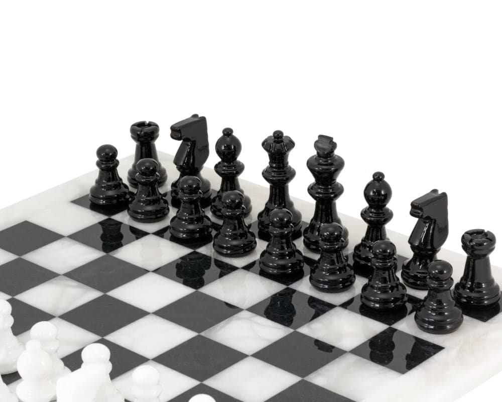 Black and White Alabaster Chess Set 14.5 Inches, crafted in Italy with stunning design and heavy weight, featuring unique natural textures.