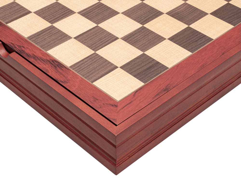 Handcrafted Italian chess piece case and board with ebony and boxwood finish.