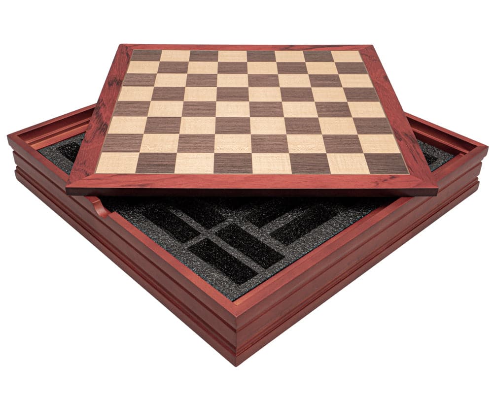 Italian handcrafted chess piece case and board with ebony and boxwood, elegant Staunton design, suitable for 12.5 inch boards.