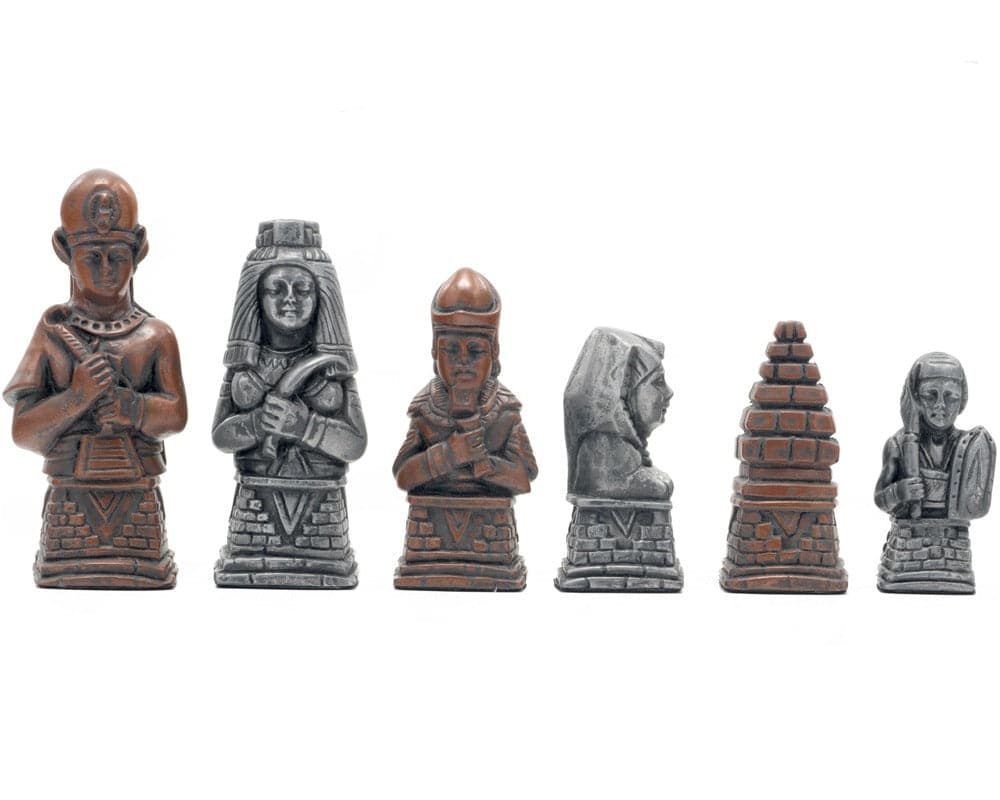 Berkeley Chess Egyptian Metallic Chess Men with silver and copper finish, intricately sculpted historic designs, shown in a row