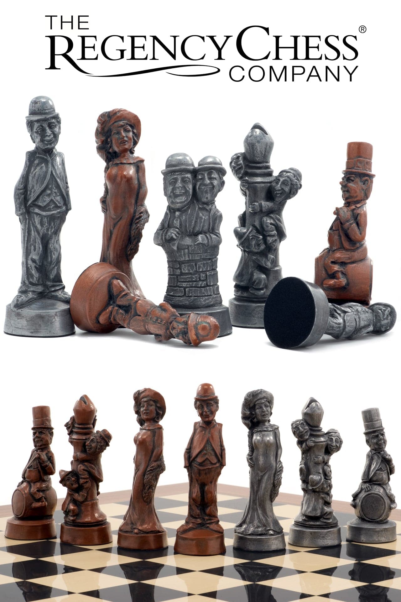 Berkeley Chess Movie Stars Metallic Chess Men set featuring handcrafted chess pieces from Hollywood's Golden Age.