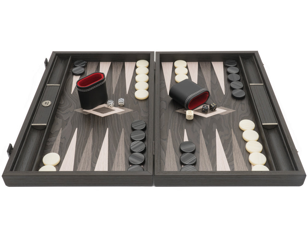 The Manopoulos Ebony and Grey Oak Luxury Backgammon Set with Vinyl Deluxe Cups