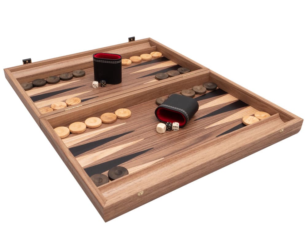 Tournament Walnut & Maple Backgammon Set by Manopoulos – Luxury handcrafted wooden game board with deluxe accessories from Regency Chess.