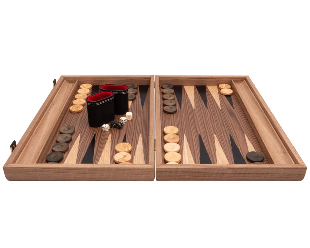 Tournament Walnut & Maple Backgammon Set Premium Edition with wooden stone, deluxe leatherette cups, and dice by Manopoulos