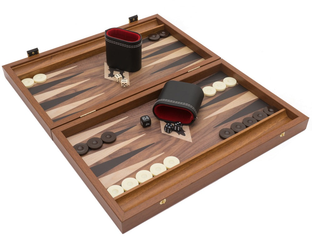 The Manopoulos Walnut Black and Oak Club Compact Backgammon Set with Vinyl Deluxe Cups