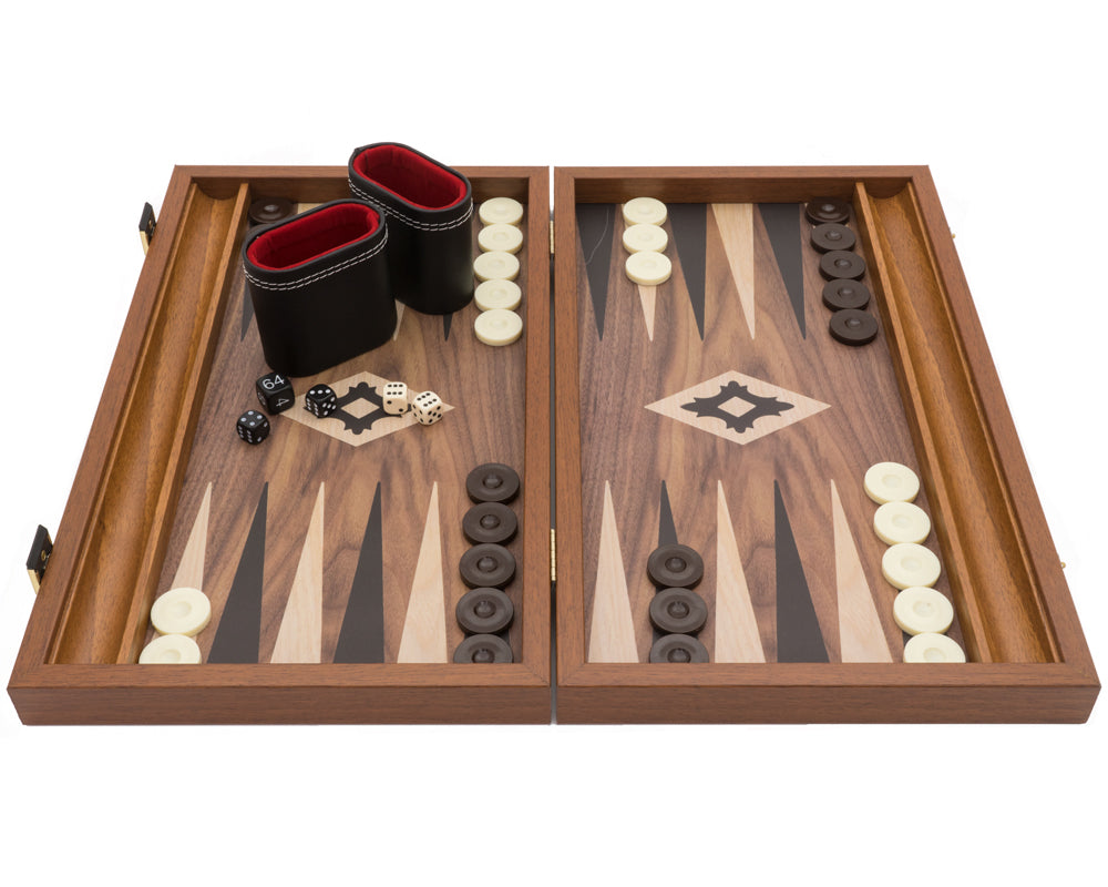 The Manopoulos Walnut Black and Oak Club Compact Backgammon Set with Vinyl Deluxe Cups