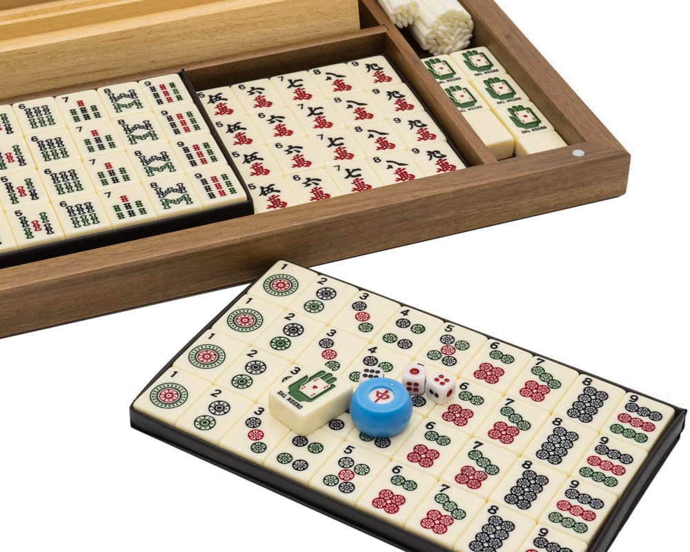 Dal Negro Luxury Mah Jong Set in walnut case with tiles and dice laid out