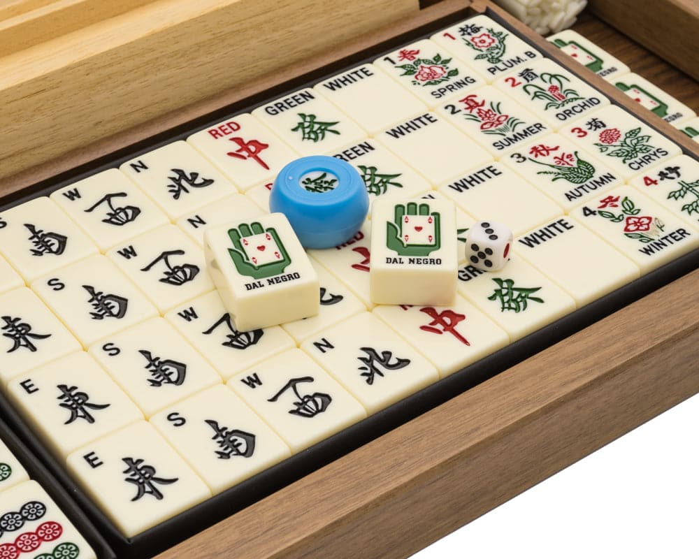 Dal Negro Luxury Mah Jong Set with Walnut Case, close-up of tiles in high-quality wooden storage box