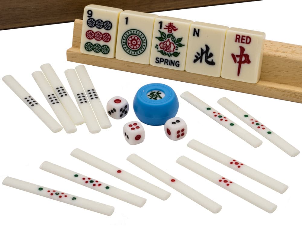 Dal Negro luxury Mah Jong set pieces including tiles, sticks, dice, and dice holder displayed in a wooden tray and case