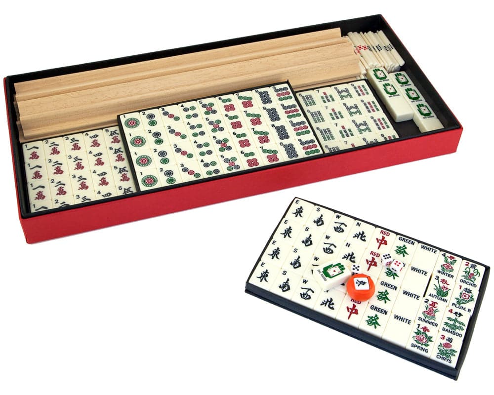 Dal Negro Deluxe Mah Jong Set - US Version, includes wooden tile racks, robust and heavy playing tiles, made in Italy for high quality gaming.