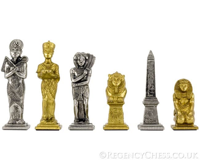 Egyptian Series brass and nickel figurative chess pieces in gold and silver, crafted in Italy, featuring distinctive and regal designs.