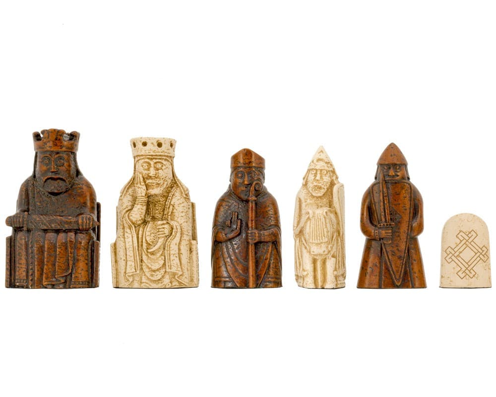 Isle of Lewis Chessmen pieces by National Museums Scotland displayed in a row on a white background