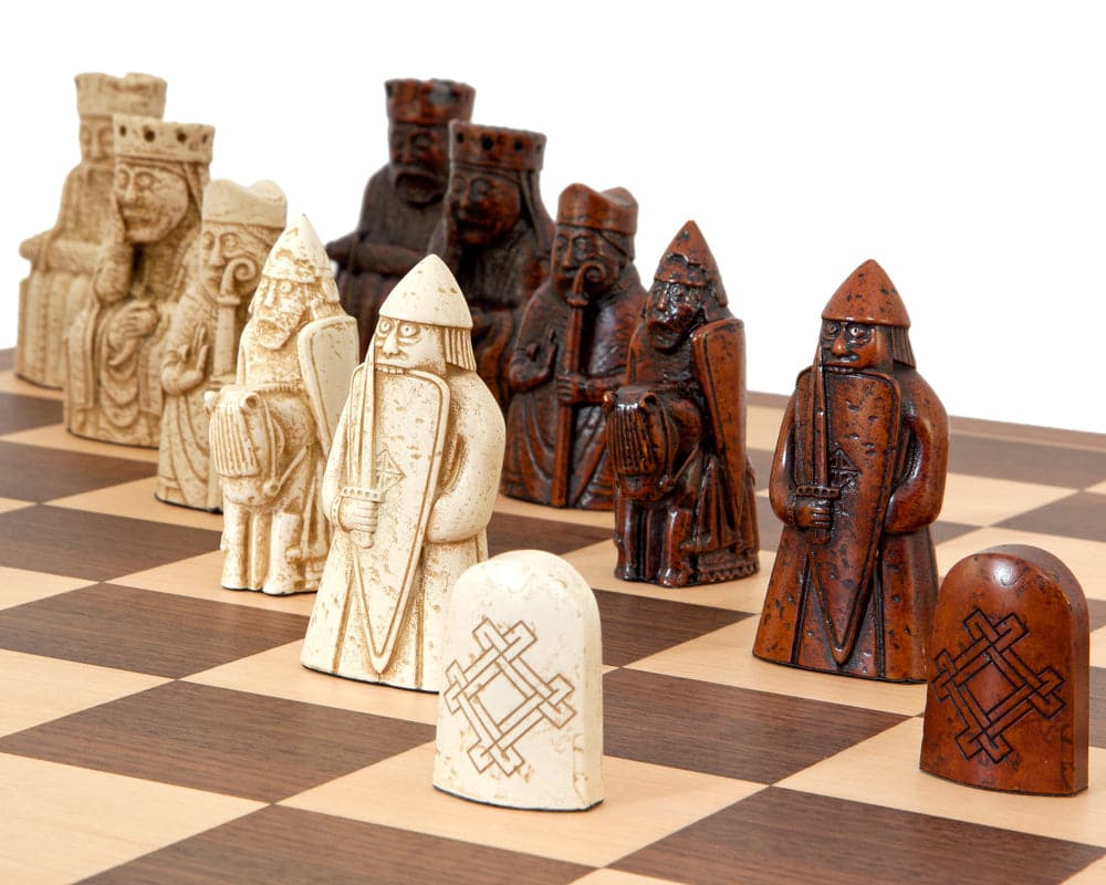 Isle of Lewis Chessmen on finely inlaid 15.75 inch wooden chess board with 1.55 inch playing squares, classic design without notation.