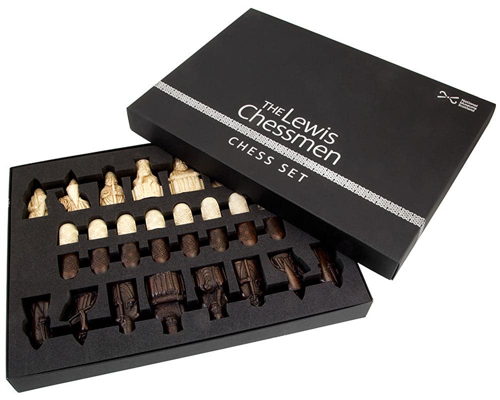 Isle of Lewis Chessmen 3.25" set by National Museums Scotland with box and pieces displayed.