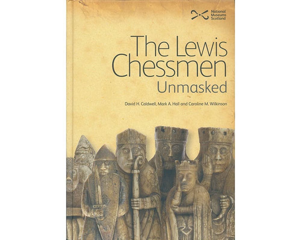 "The Lewis Chessmen Unmasked book cover featuring historical chess figures"