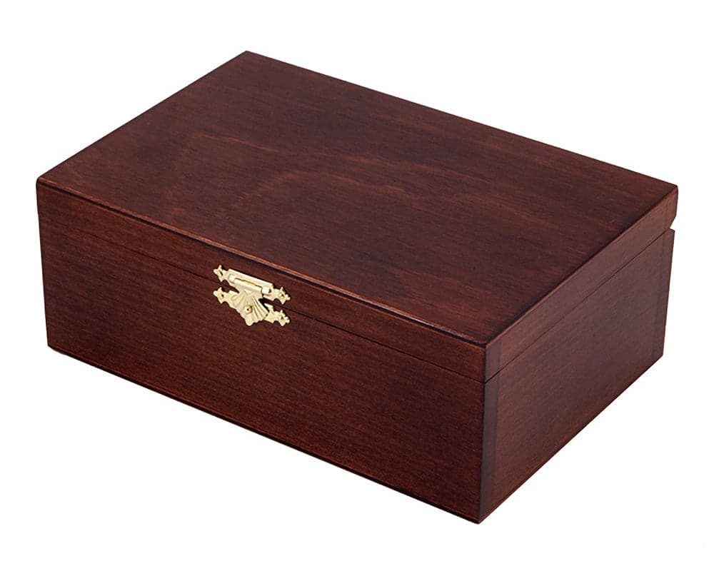 Elegant dark birch wood chess piece case with a gold clasp, perfect for storing chess men up to 3.25 inches.