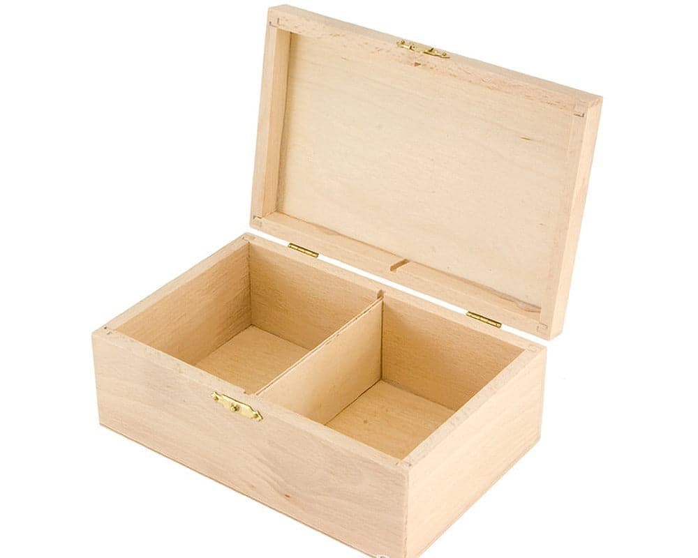 Birch wood chess piece case with open lid, featuring two compartments for storing chess men. Ideal for chess pieces up to 3.25 inches in size.