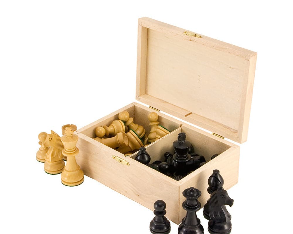 Birch wood chess piece case with open lid, showing compartments filled with black and white chess pieces on a white background.