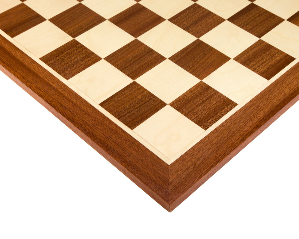 21.3 Inch No.6 Inlaid Mahogany and Birch Chess Board with 2.3 inch squares, featuring fine quality inlays and green felt feet for tabletop protection