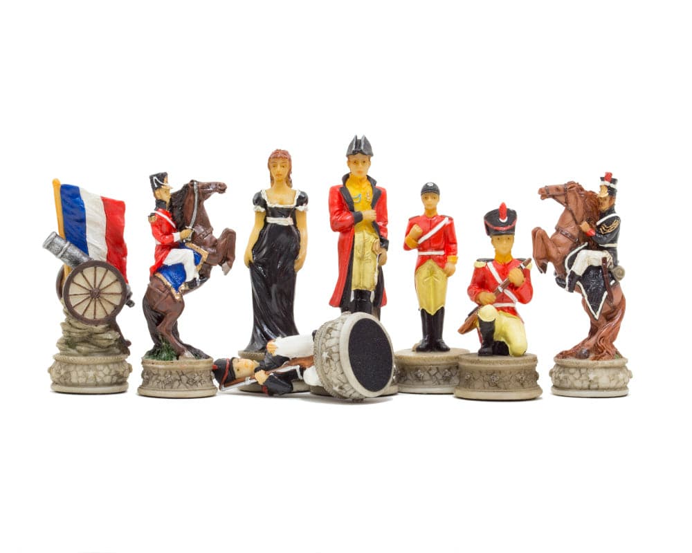 Battle of Waterloo hand painted chess pieces by Italfama, featuring detailed figurines of Bonaparte, Wellington, Josephine, and Catherine.