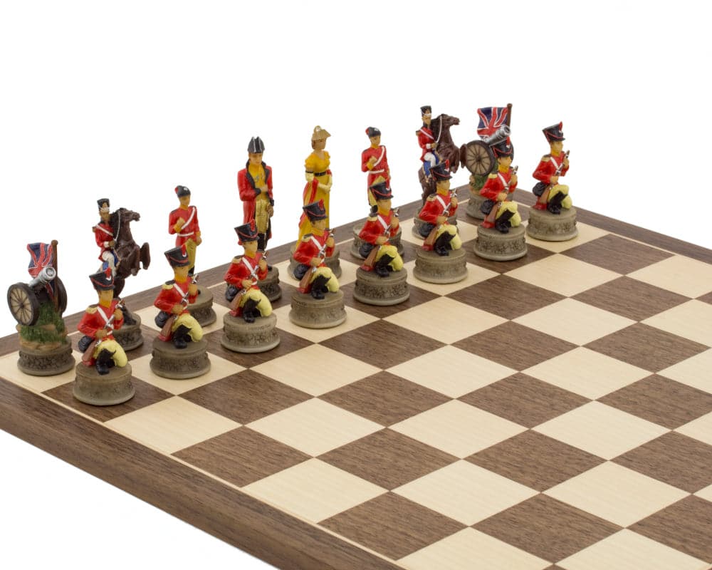 Battle of Waterloo themed hand painted British chess pieces by Italfama on 16 inch board.