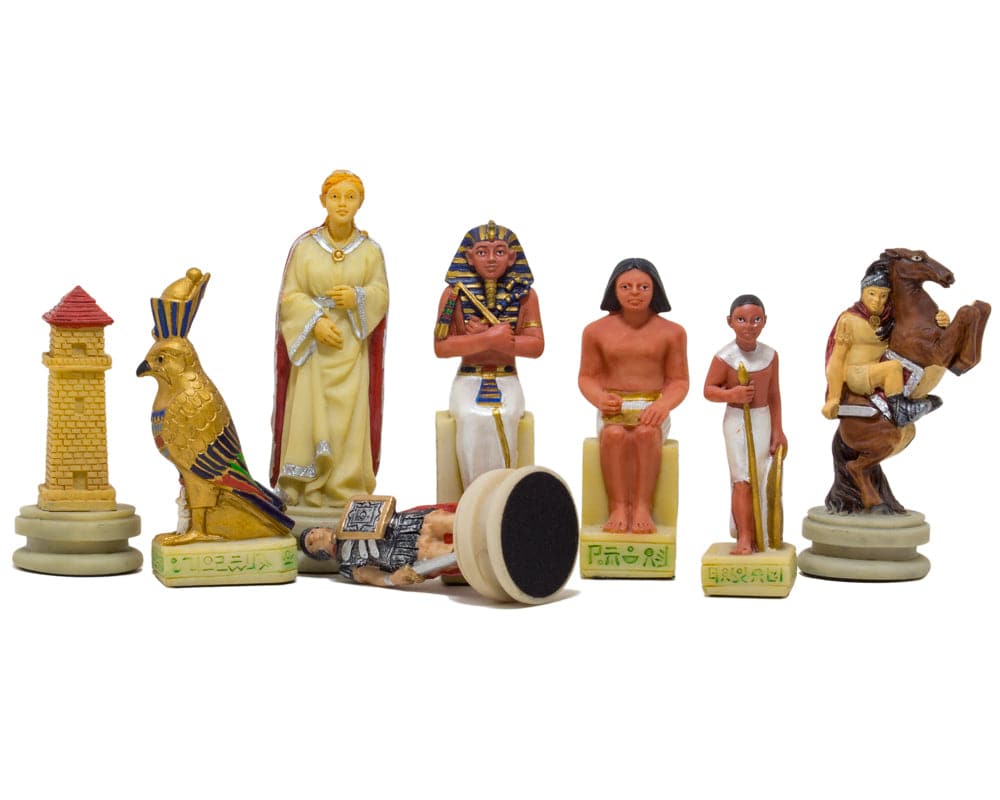 Hand painted Romans vs Egyptians themed chess pieces by Italfama, showcasing superb detail and craftsmanship, made in Italy.