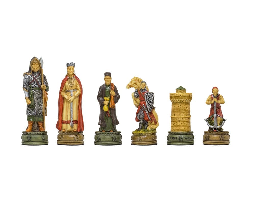 Camelot hand-painted chess pieces by Italfama, King Arthur themed resin chessmen with intricate detailing crafted in Florence, Italy