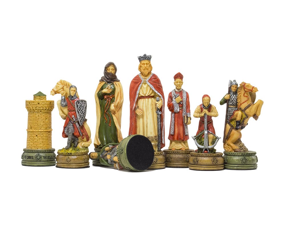 The Camelot hand painted King Arthur chess pieces by Italfama, intricately detailed and crafted in Florence, Italy.