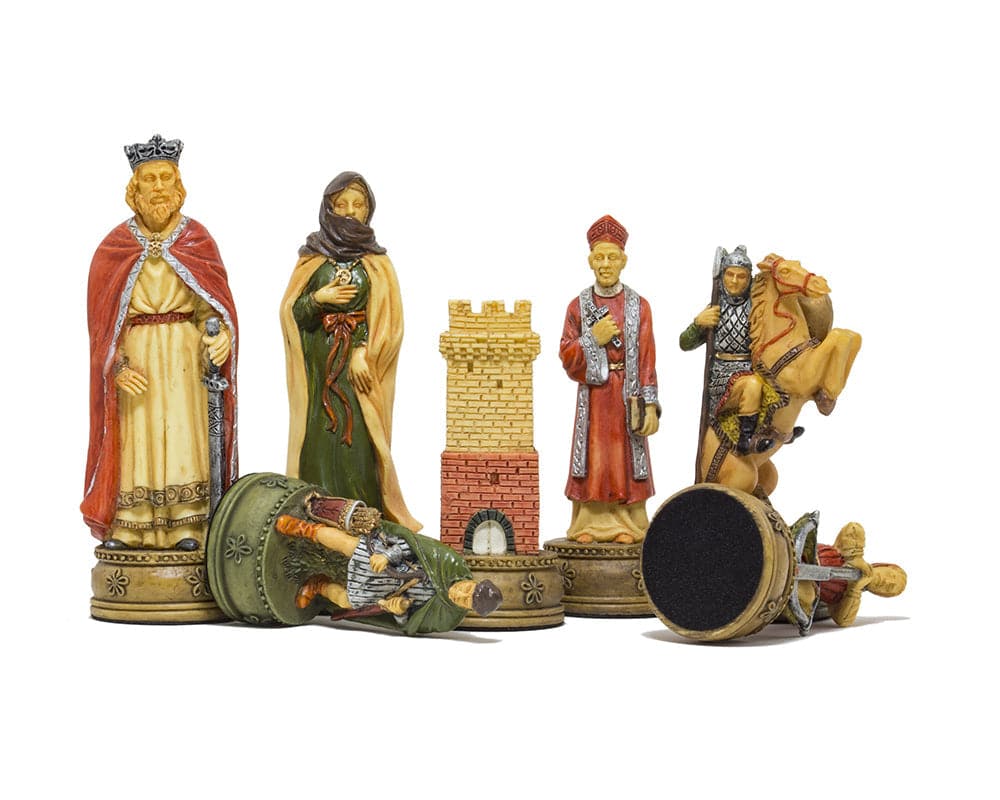 The Camelot hand-painted King Arthur themed chess pieces by Italfama, crafted from resin with intricate detail, made in Florence, Italy