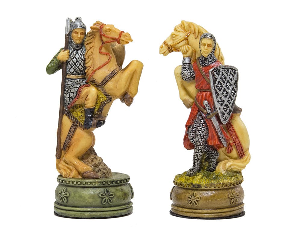 Hand-painted King Arthur themed chess pieces by Italfama, intricately detailed and crafted from resin. Stunning Arthurian designs.