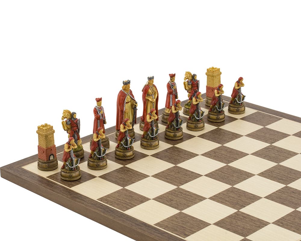 Camelot themed chess pieces sculpted from resin and hand-painted by Italfama, depicting King Arthur's army on a chessboard.