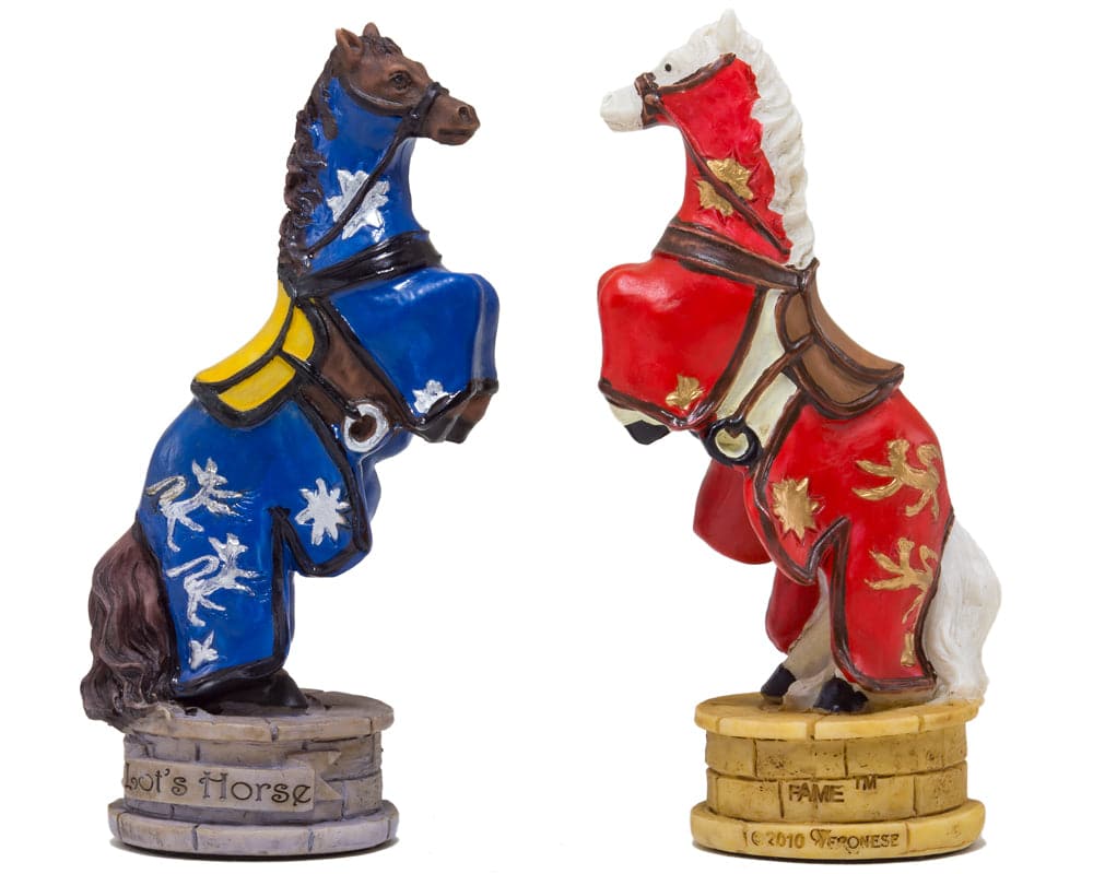 Hand-painted King Arthur themed chess pieces by Italfama, featuring detailed Knights in blue and red, crafted in Italy.