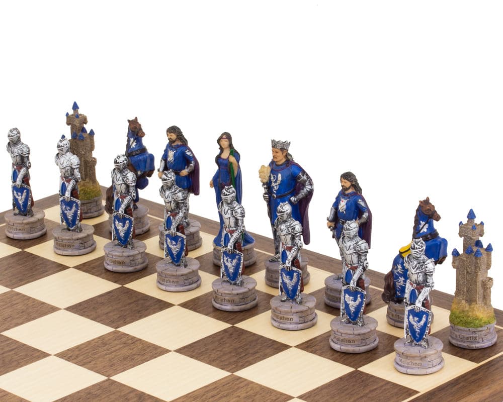 King Arthur themed chess pieces by Italfama arranged on a chessboard, featuring detailed, hand-painted craftsmanship.