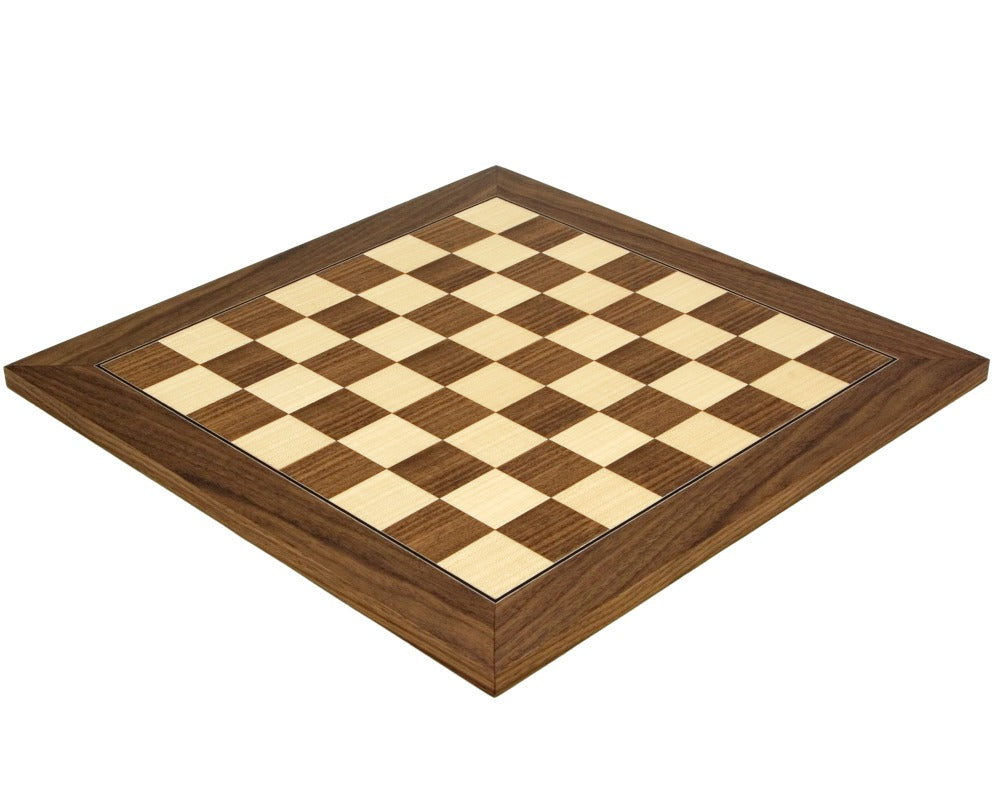 15.75 Inch Walnut and Maple Deluxe Chess Board with 1.58 inch playing squares, crafted in Spain by Rechapados Ferrer.