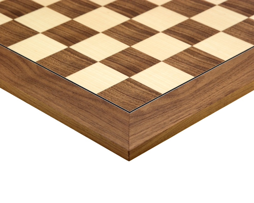 21.7 inch walnut and maple deluxe chess board with 2.17 inch squares, crafted in Spain by Rechapados Ferrer S.A.