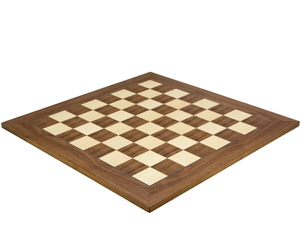 21.7 Inch Walnut and Maple Deluxe Chess Board with 2.17 inch squares, crafted by Rechapados Ferrer S.A. of Spain, ideal for 3.75 inch kings