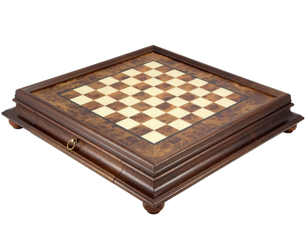 20.6 Inch Briarwood and Elm Chess Cabinet with Drawer, crafted in Italy by Italfama, featuring a 52.5 cm board and storage space.