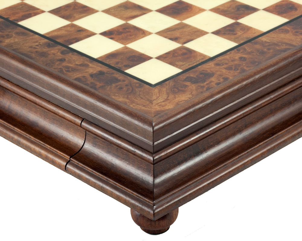 Close-up of the 20.6 Inch Briarwood and Elm Chess Cabinet with Drawer, showcasing detailed craftsmanship and elegant design.