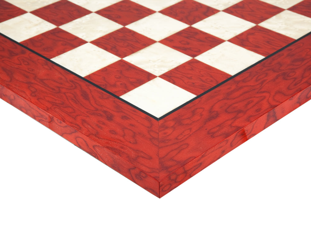 Close-up of 20 Inch Lacquered Red Erable Luxury Chess Board with red stained Erable and Elm squares in high gloss finish.