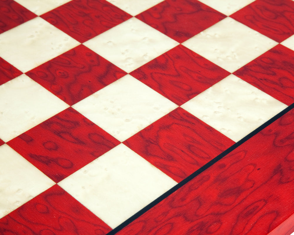 Luxurious 20 inch lacquered red erable and elm chess board with high gloss finish, crafted in Italy with 1.9 inch playing squares.