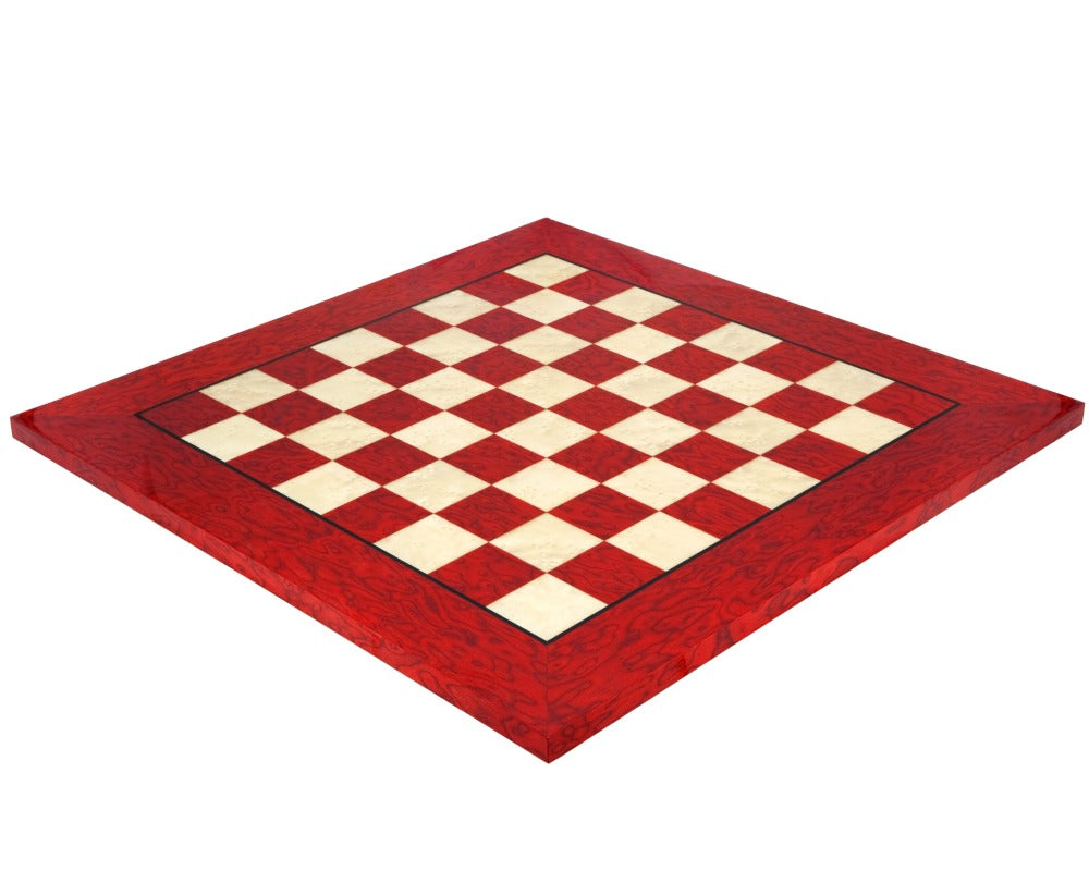 20 inch lacquered red Erable luxury chess board, crafted in Italy with red stained Erable and Elm, high gloss finish, 1.9 inch squares