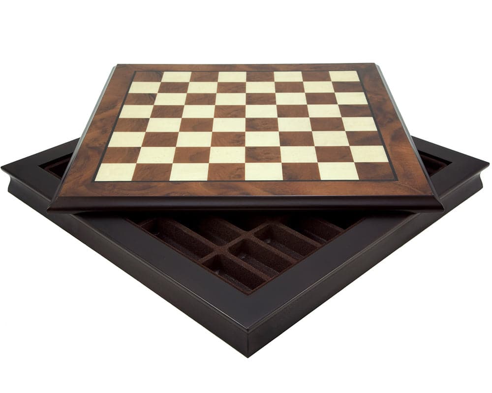 20 Inch Briarwood and Maple chess cabinet with removable lid and chess piece storage, crafted in Italy.