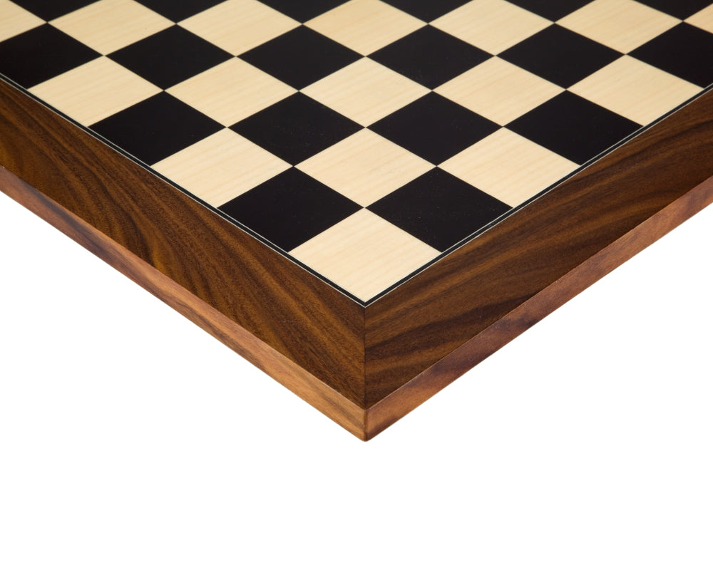 Close-up of 17.75 Inch Black Anegre and Palisander Chess Board with high gloss lacquer finish and Maple wood veneer squares.