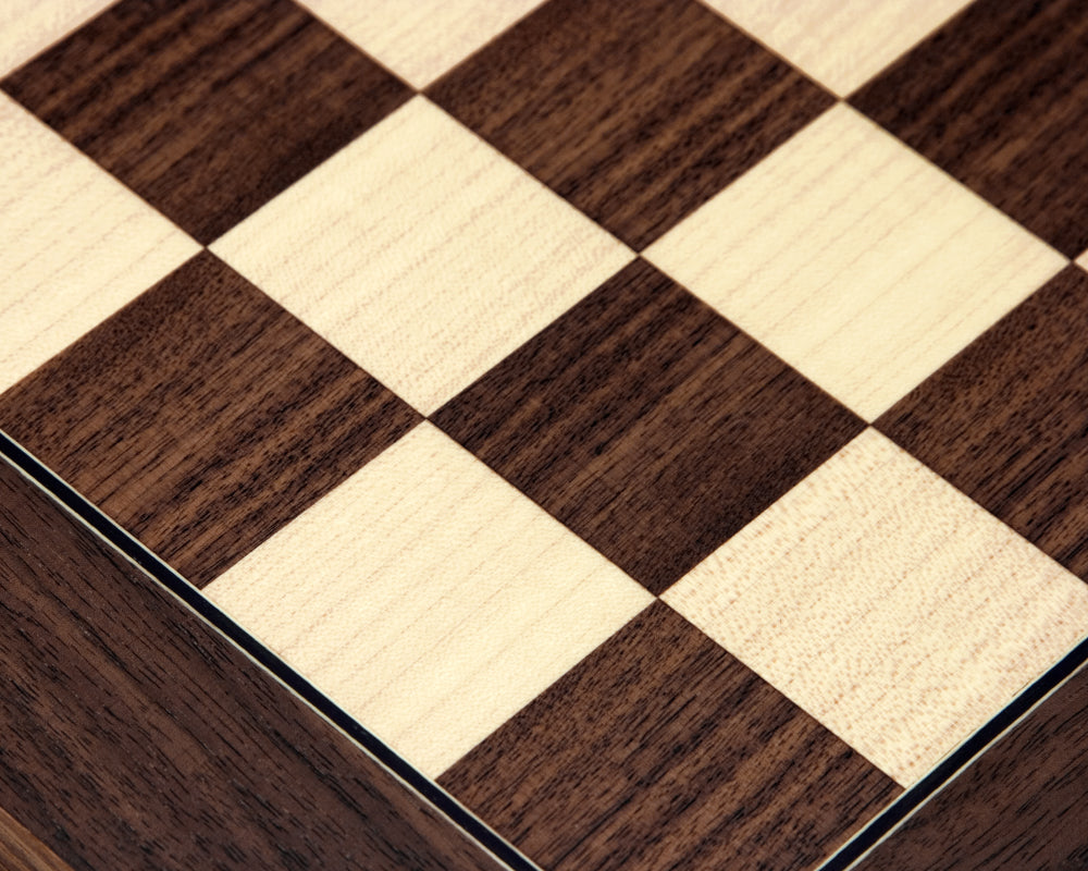 Close-up of 17.75 Inch Montgoy Palisander and Maple Deluxe Chess Board with 1.75 inch playing squares made by Rechapados Ferrer.