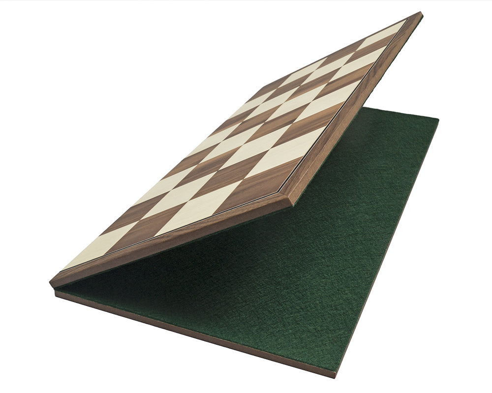 16.75 inch folding walnut chess board made in Spain, crafted from walnut and maple, with a billiard cloth base for easy storage.