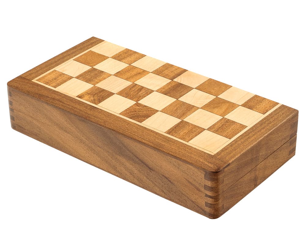 Deluxe hardwood folding travel magnetic chess set with a 10 inch board in clamshell design. Portable luxury wooden chess set.